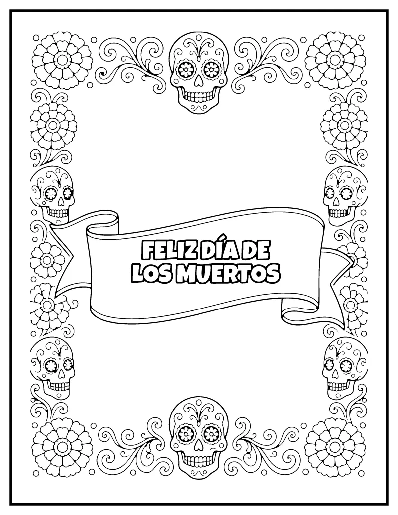 Feliz Día de los Muertos Card coloring page – printable black and white line art