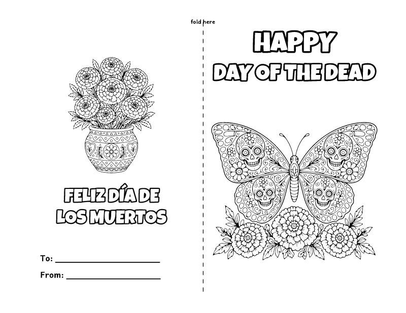 Day of the Dead Fold Card coloring page – printable black and white line art