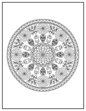 Day of the Dead Mandala with Marigolds coloring page – printable line art