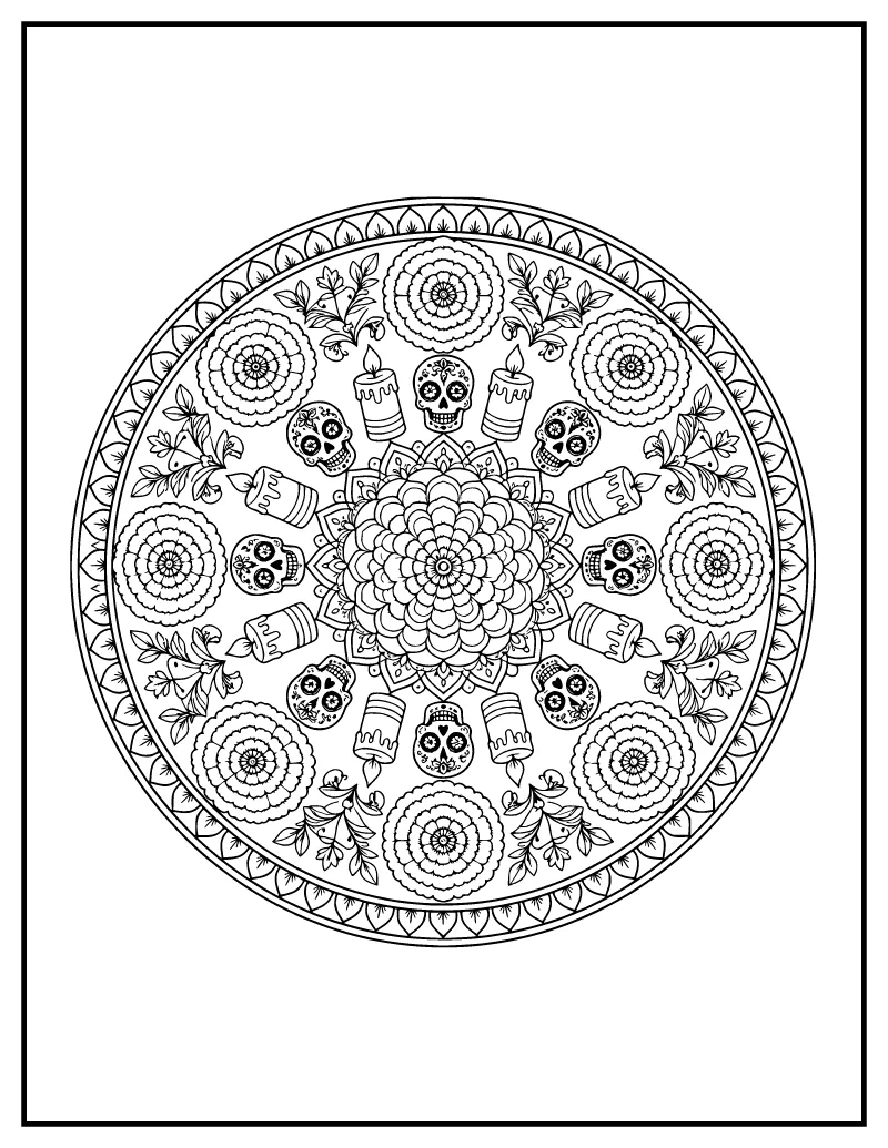 Day of the Dead Mandala with Marigolds coloring page – printable black and white line art