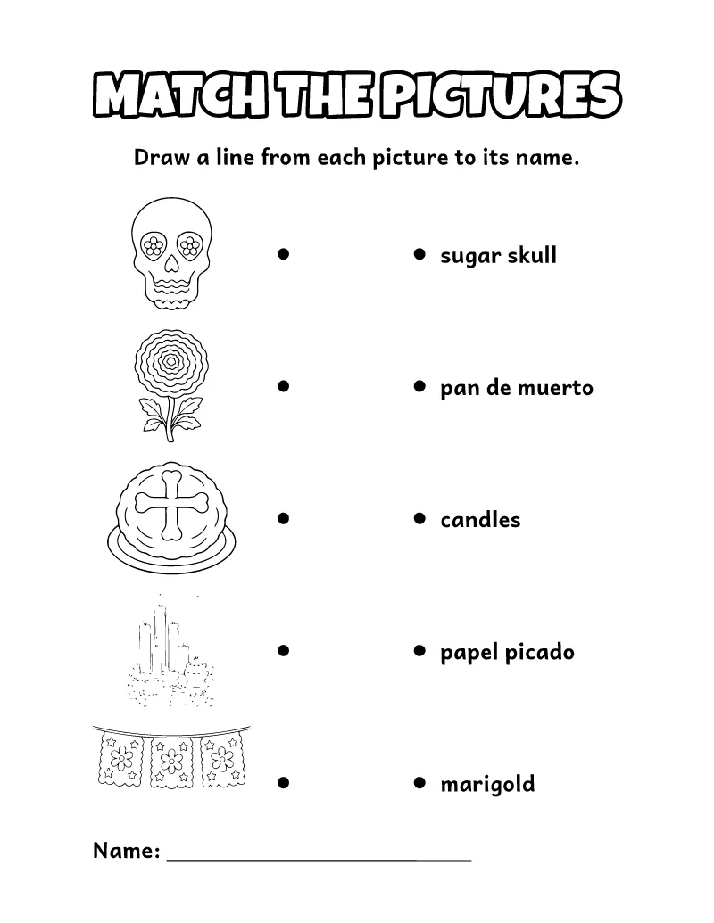 Day of the Dead Matching Worksheet coloring page – printable black and white line art