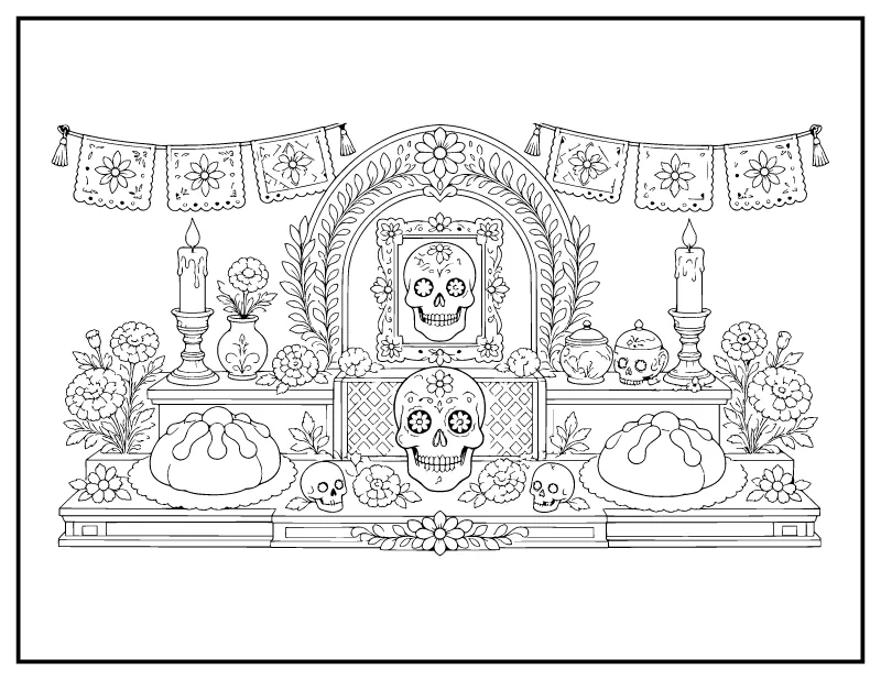 Day of the Dead Ofrenda Altar coloring page – printable black and white line art