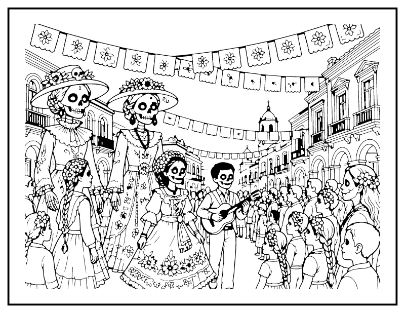 Day of the Dead Parade coloring page – printable black and white line art