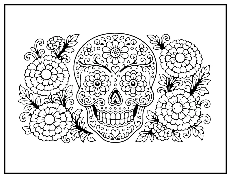 Day of the Dead Sugar Skull coloring page – printable black and white line art