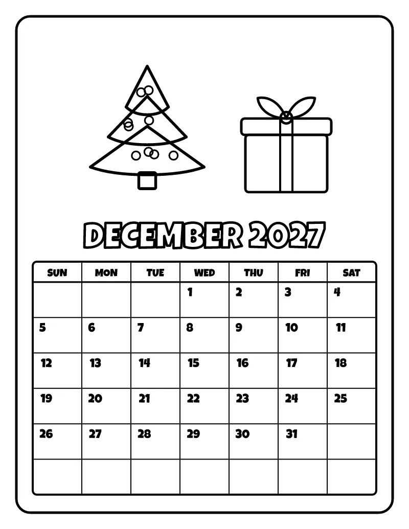 December 2027 Calendar coloring page – printable black and white line art