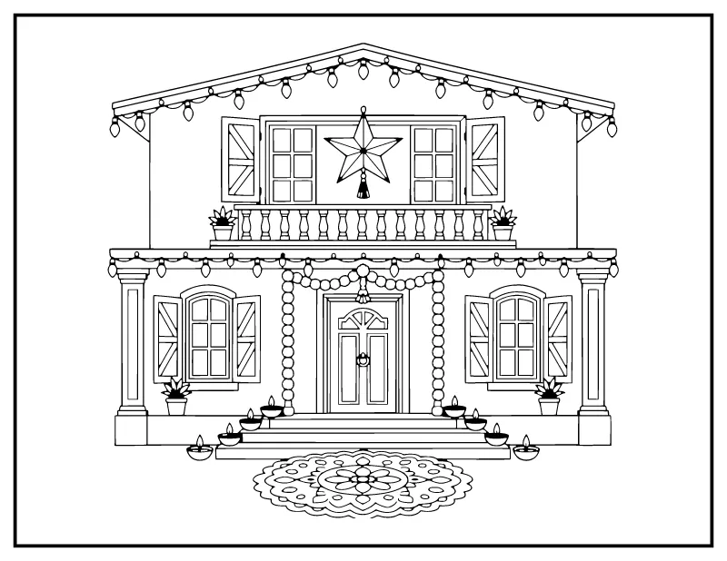 House Decorated for Diwali coloring page – printable black and white line art