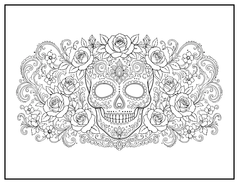 Decorative Floral Skull for Adults coloring page – printable black and white line art