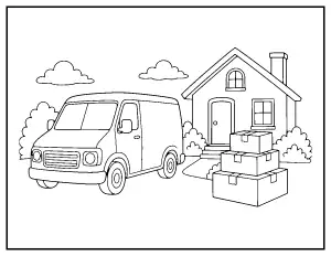 Delivery Van with Packages coloring page – printable line art