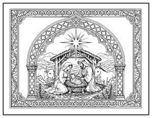 Detailed Nativity Scene in an Ornate Arch coloring page – printable line art