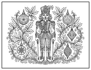 Detailed Nutcracker with Holly Filigree coloring page – printable line art
