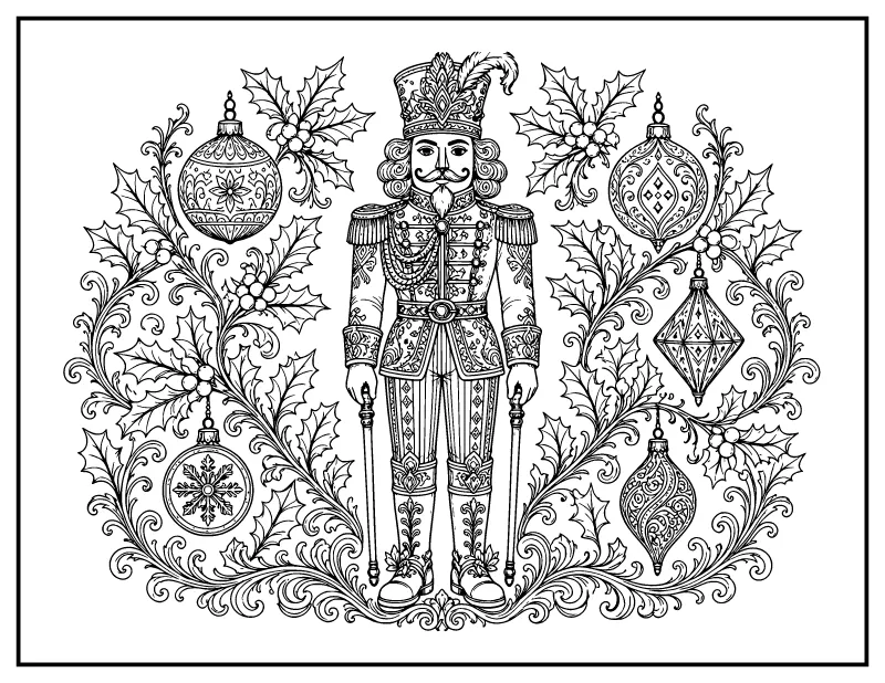 Detailed Nutcracker with Holly Filigree coloring page – printable black and white line art