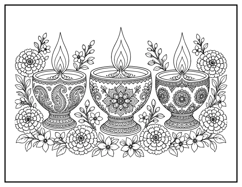 Detailed Patterned Diyas coloring page – printable black and white line art