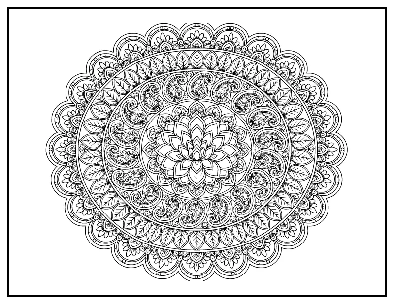 Detailed Rangoli for Adults coloring page – printable black and white line art