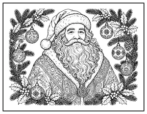 Detailed Santa Portrait with Ornaments coloring page – printable line art