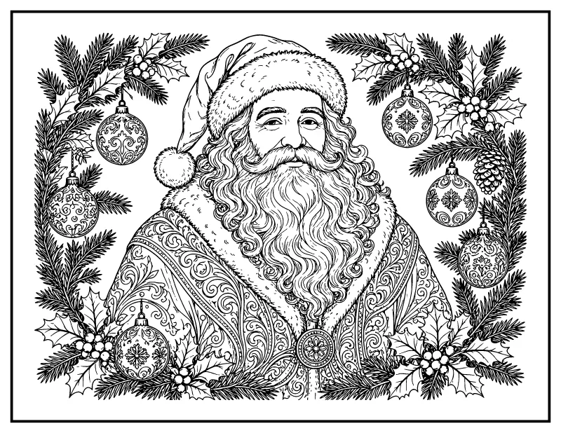 Detailed Santa Portrait with Ornaments coloring page – printable black and white line art