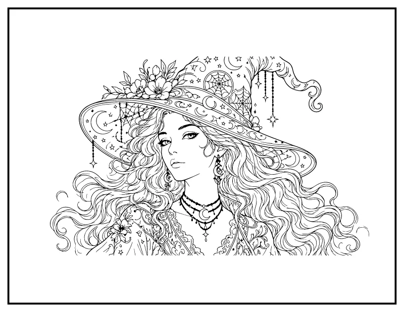 Detailed Witch Portrait for Adults coloring page – printable black and white line art