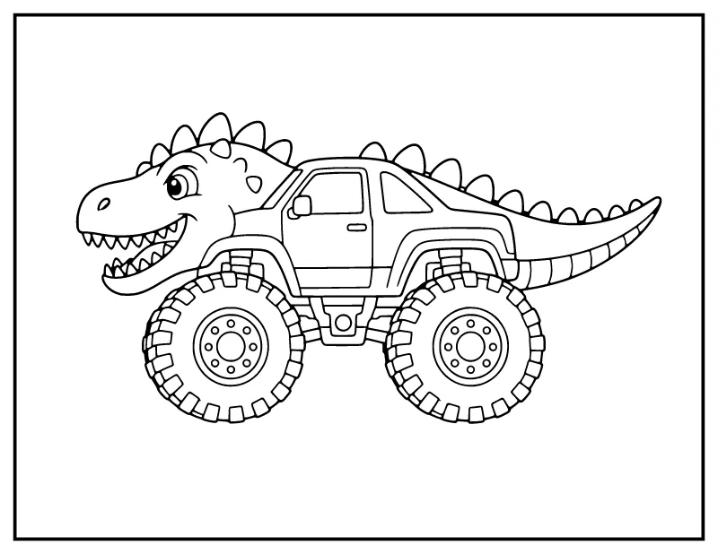 Dinosaur Monster Truck coloring page – printable black and white line art