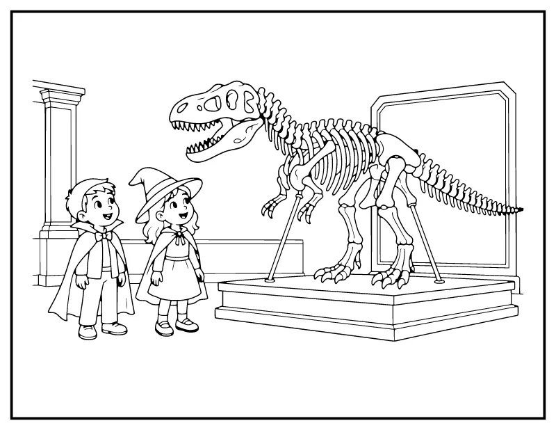Dinosaur Skeleton at the Museum coloring page – printable black and white line art