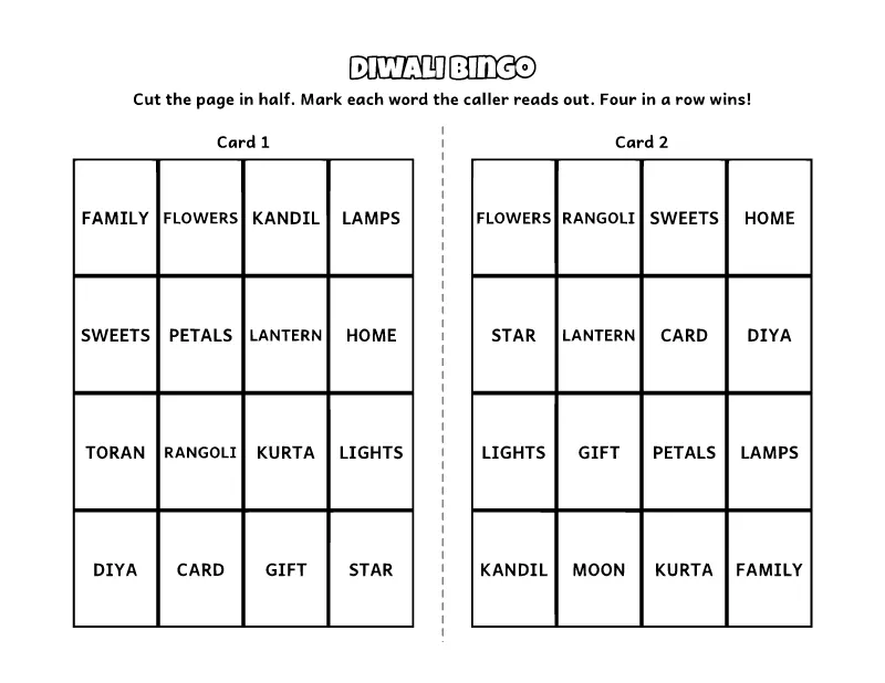 Diwali Bingo Cards coloring page – printable black and white line art