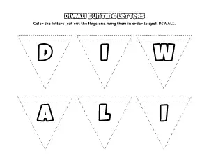 Diwali Bunting Letters coloring page – printable line art