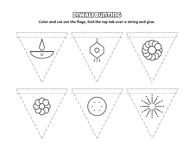 Diwali Bunting (Pictures) coloring page – printable black and white line art