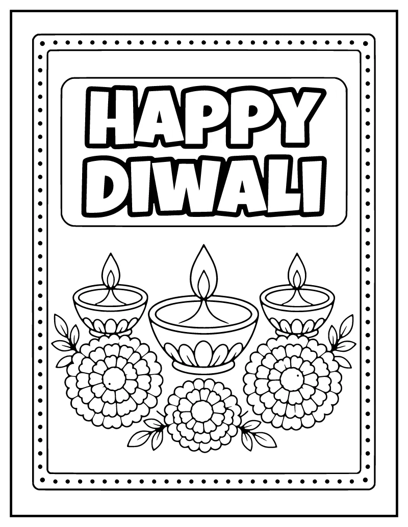 Happy Diwali Card with Diyas coloring page – printable black and white line art
