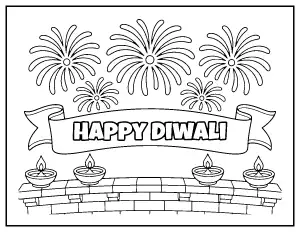 Happy Diwali Card with Fireworks coloring page – printable line art