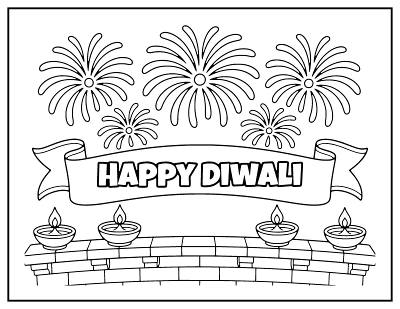 Happy Diwali Card with Fireworks coloring page – printable black and white line art