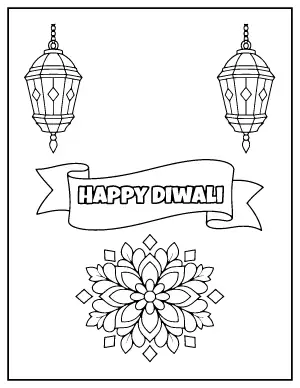 Happy Diwali Card with Lanterns coloring page – printable line art