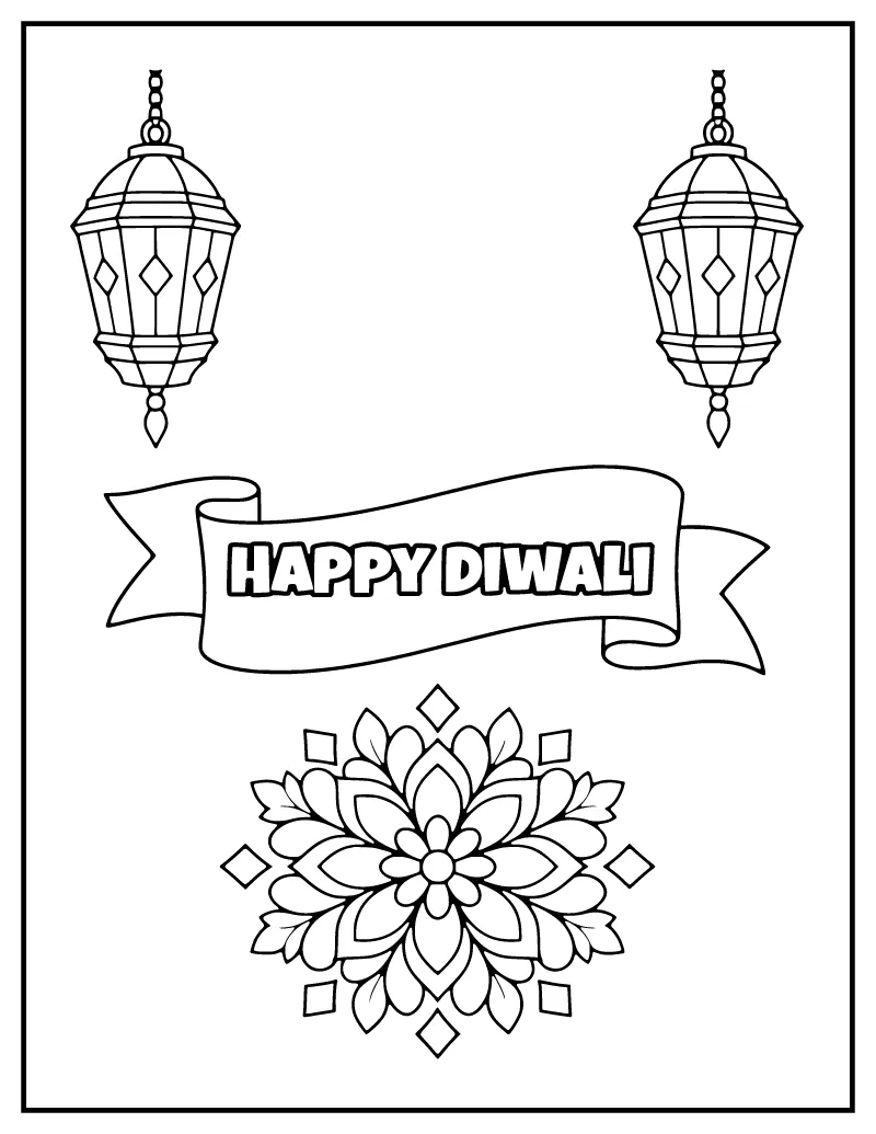 Happy Diwali Card with Lanterns coloring page – printable black and white line art