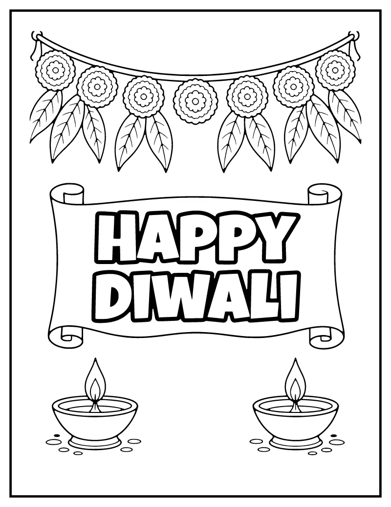 Happy Diwali Card with Toran coloring page – printable black and white line art