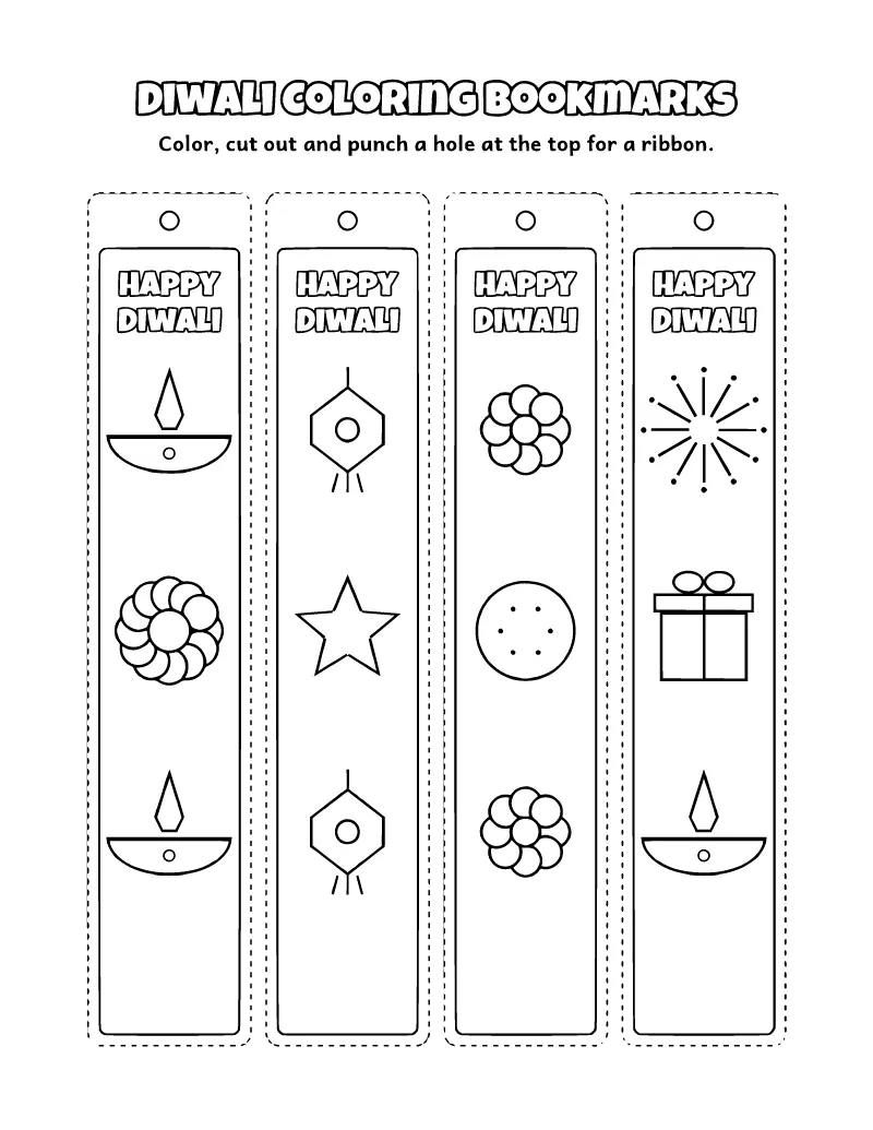 Diwali Coloring Bookmarks coloring page – printable black and white line art