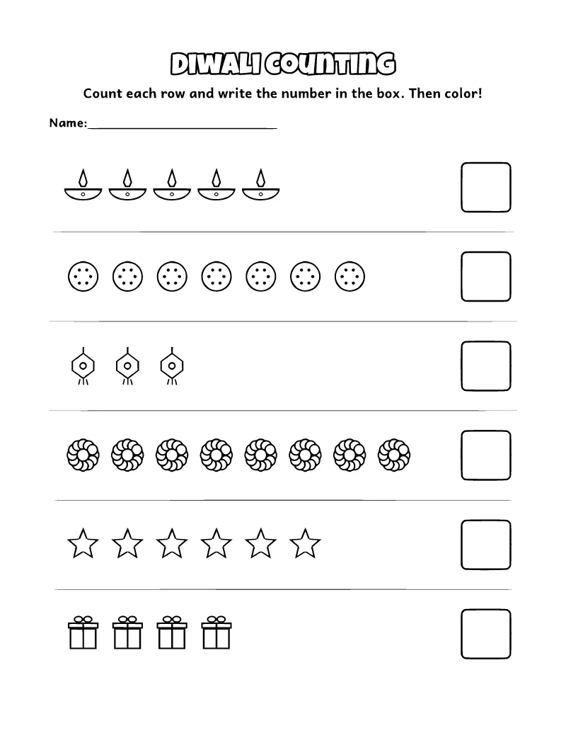 Diwali Counting Worksheet coloring page – printable black and white line art