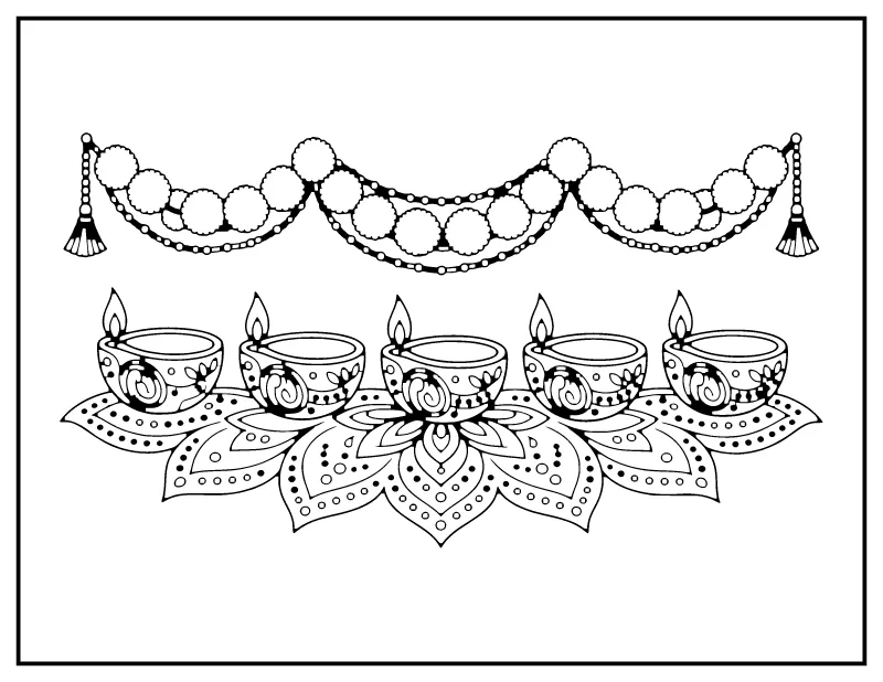 Diwali Diya Lamps coloring page – printable black and white line art