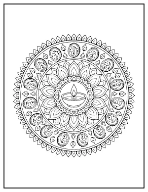 Diwali Diya Mandala coloring page – printable line art