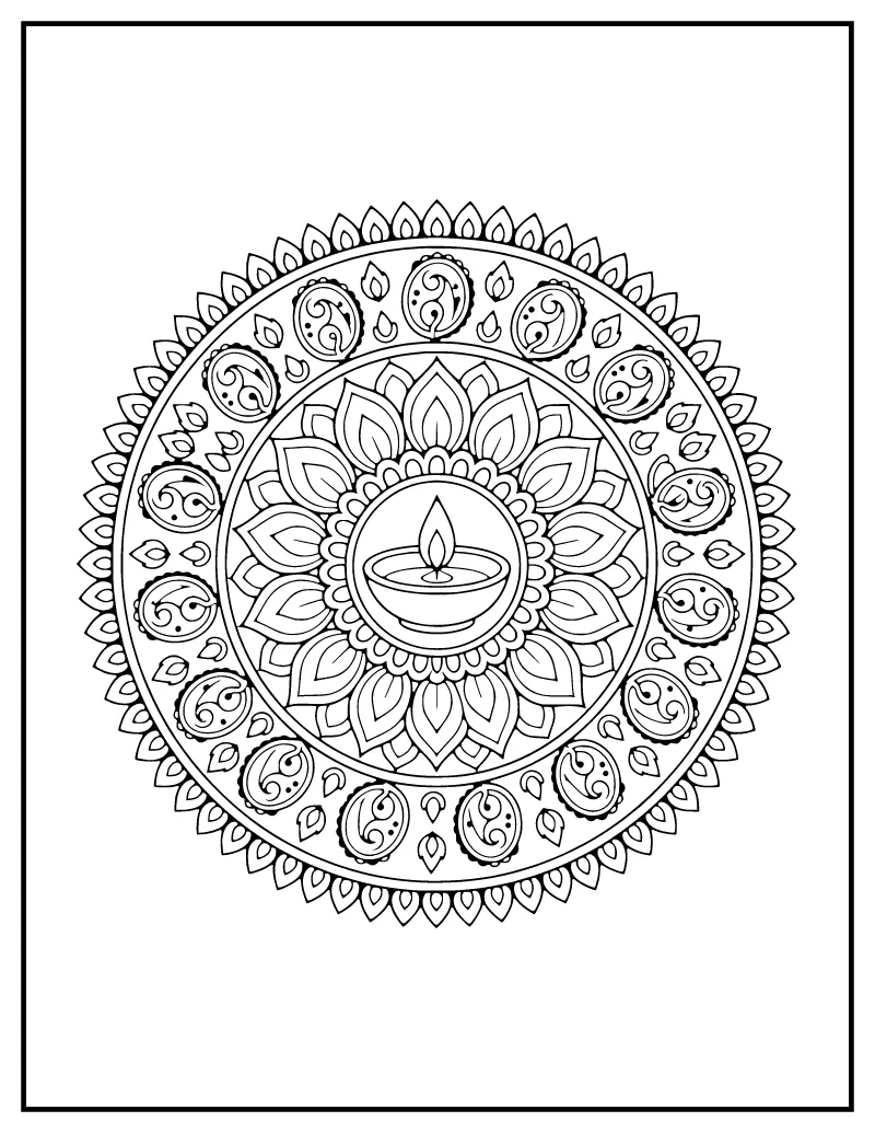 Diwali Diya Mandala coloring page – printable black and white line art