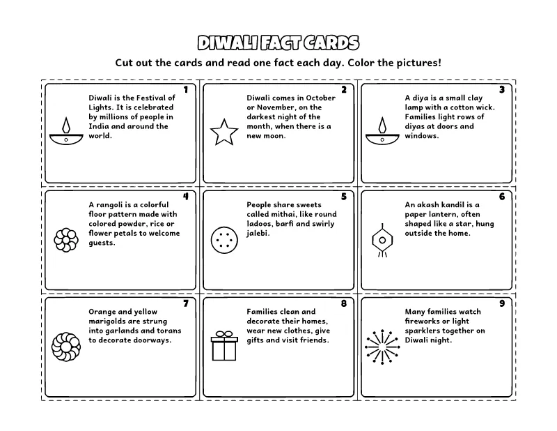 Diwali Fact Cards coloring page – printable black and white line art