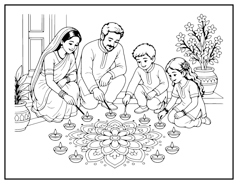 Family Lighting Diyas coloring page – printable black and white line art