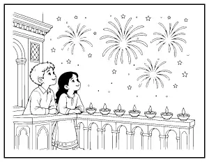 Diwali Fireworks Night Sky coloring page – printable line art