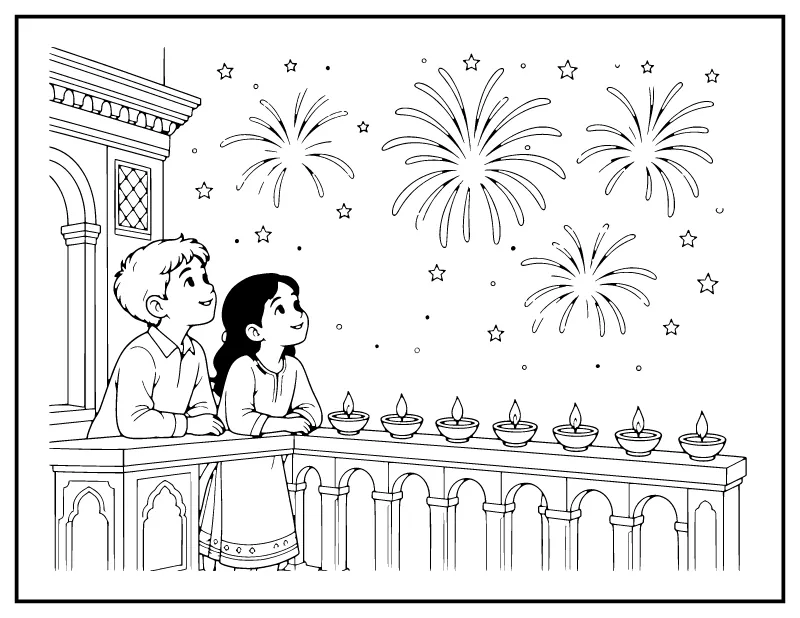 Diwali Fireworks Night Sky coloring page – printable black and white line art