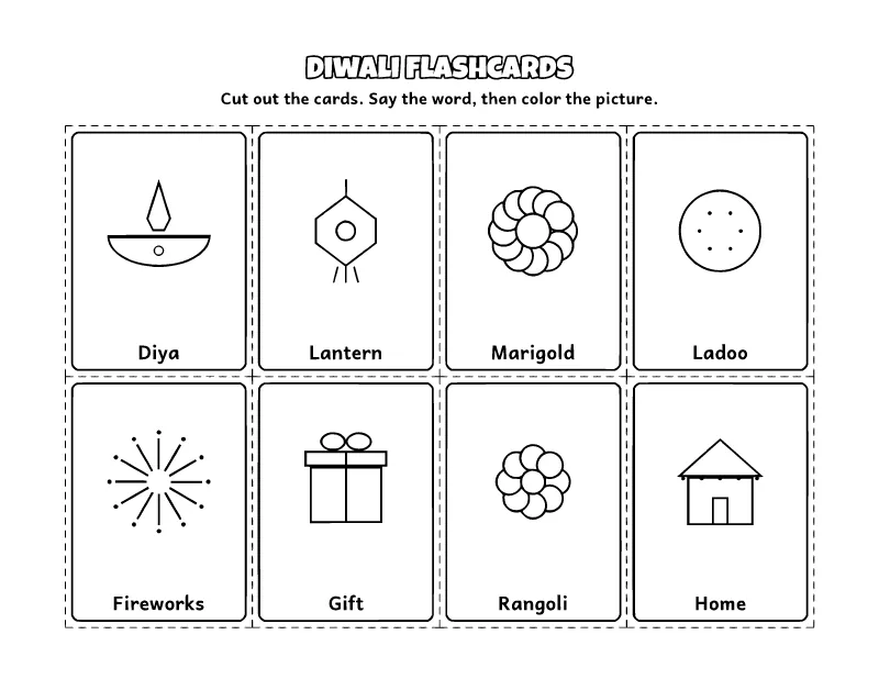 Diwali Flashcards coloring page – printable black and white line art