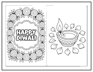 Foldable Happy Diwali Card coloring page – printable line art