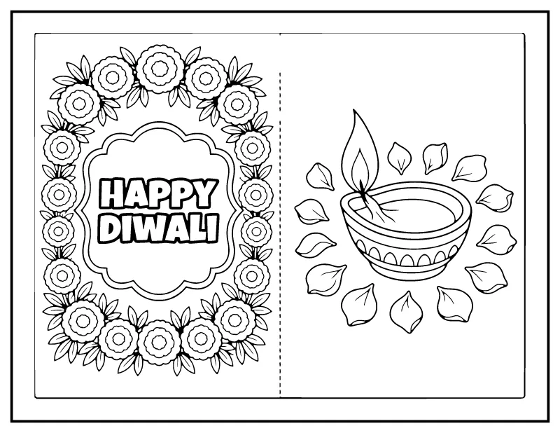 Foldable Happy Diwali Card coloring page – printable black and white line art