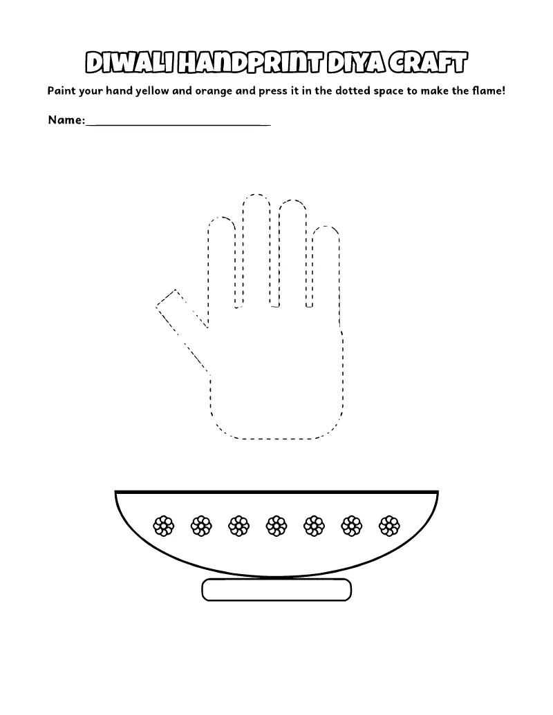 Diwali Handprint Diya Craft coloring page – printable black and white line art