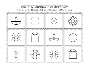 Diwali Memory Matching Game coloring page – printable line art
