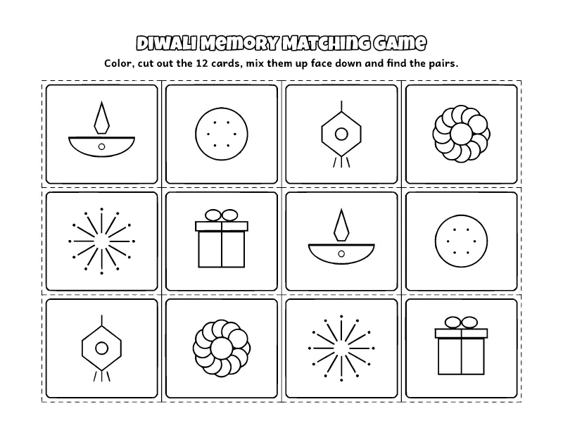 Diwali Memory Matching Game coloring page – printable black and white line art
