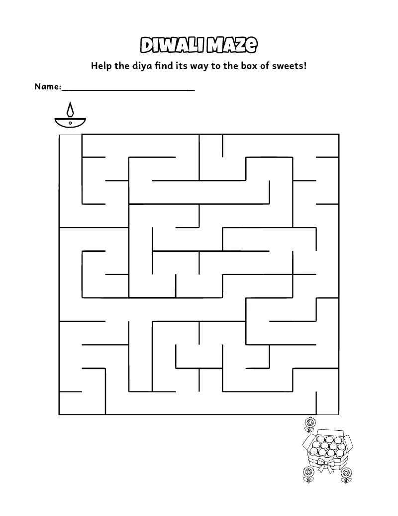 Diwali Maze coloring page – printable black and white line art