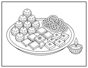 Diwali Sweets (Mithai) Plate coloring page – printable line art