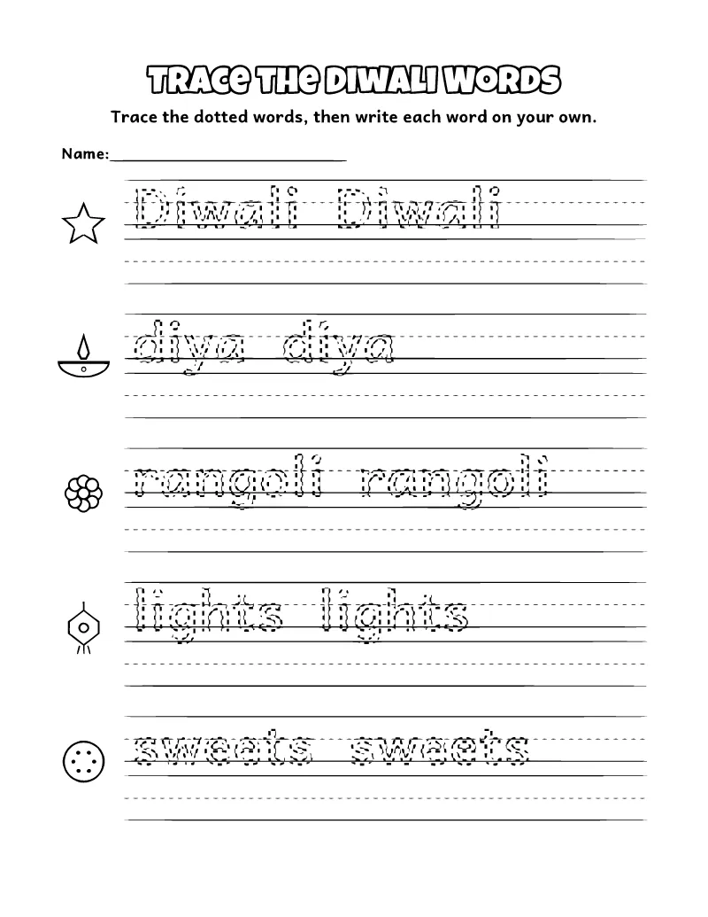 Diwali Tracing Worksheet coloring page – printable black and white line art