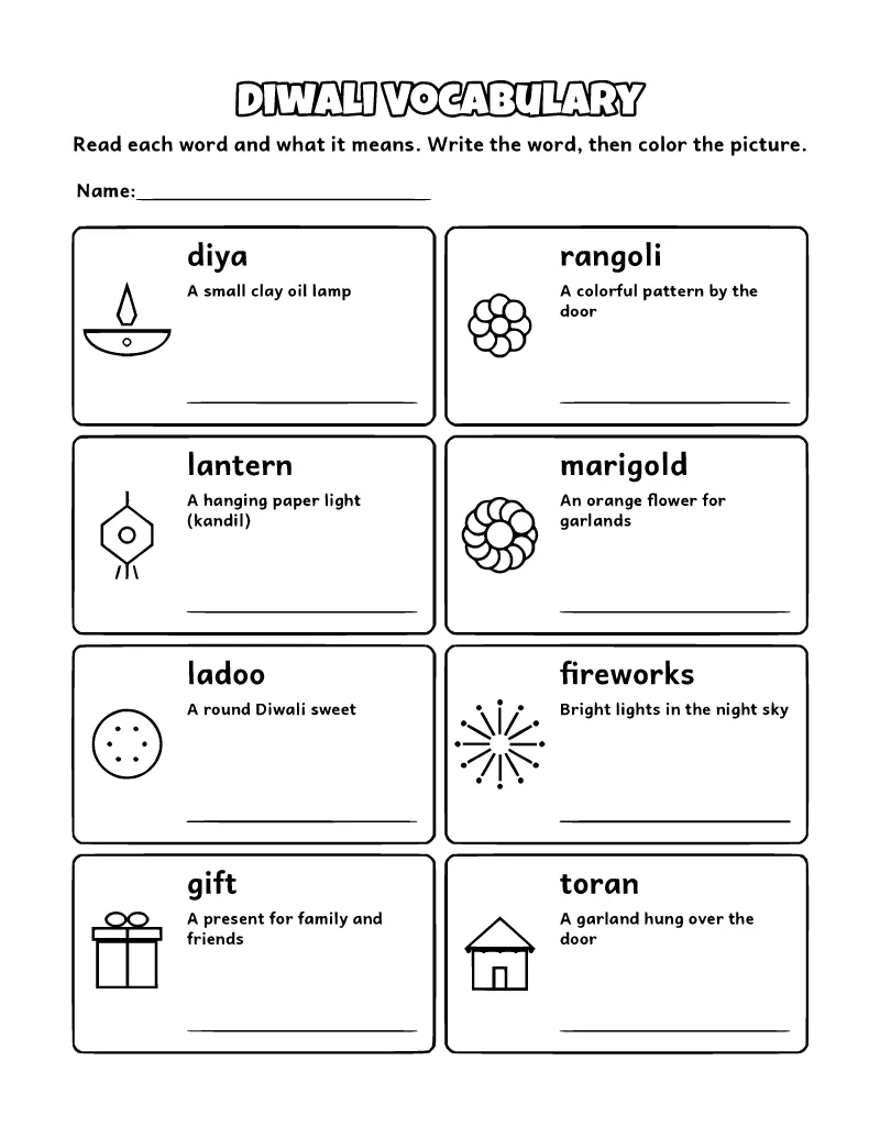 Diwali Vocabulary Worksheet coloring page – printable black and white line art